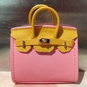 👜 Handmade Mini Pink Yellow Faux Leather Birkin AirPods Tote Bag Charm Miniature